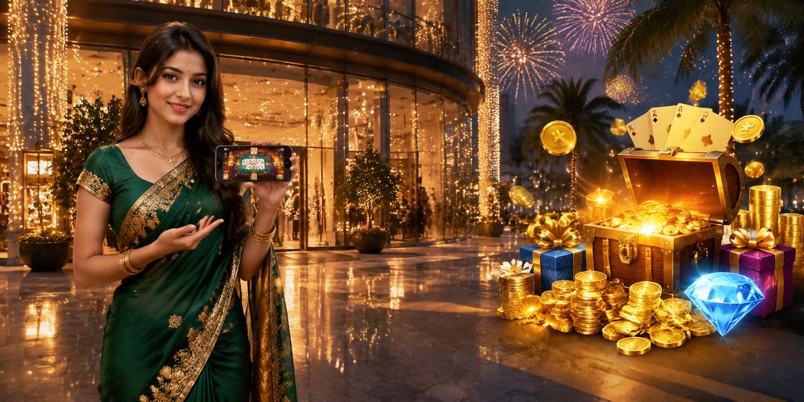 Indian lady playing Teen Patti with promotions on screen